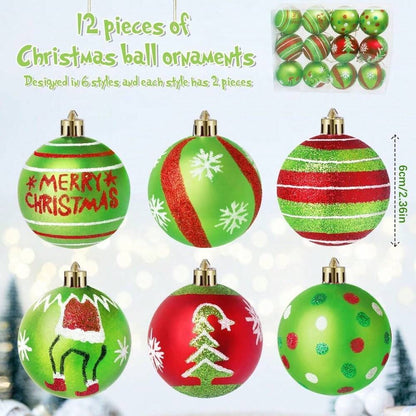 12/6pcs Glitter Christmas Ball Ornaments, Red & Green Swirl Candy and Peppermint Design for Festive Tree & Holiday Decor