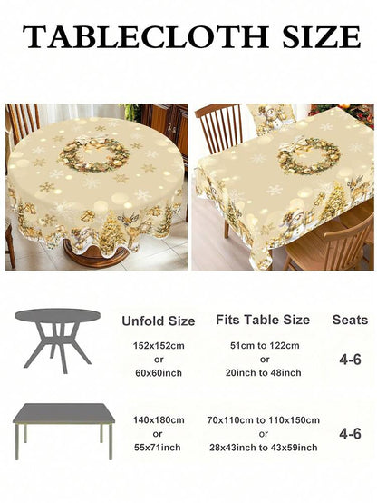 Festive Christmas Tablecloth with Snowman & Reindeer Wreath Design, Polyester Winter Table Cover for Dining Room & Kitchen Holiday Decor