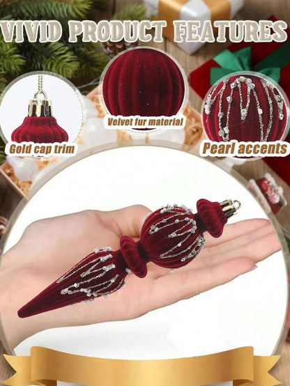 6/12pcs Velvet Christmas Ornament Set (7"), Textured Shatterproof Burgundy Tree Decorations, Elegant Holiday Home Decor