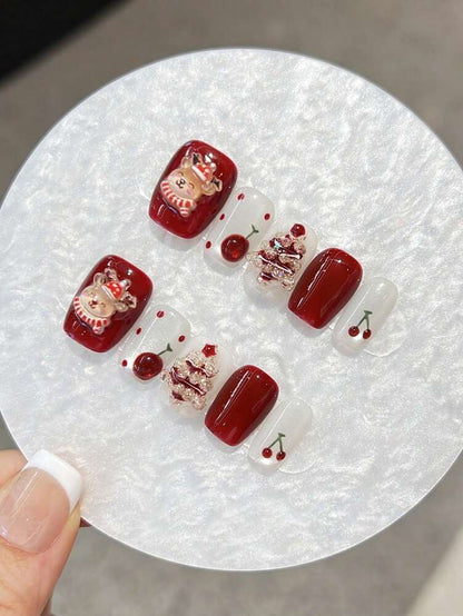 10pcs Handmade Christmas Press On Nails, Short Nails With Tree Reindeer And Cherry Decorations, Acrylic Nail Set For Women Holiday Gift