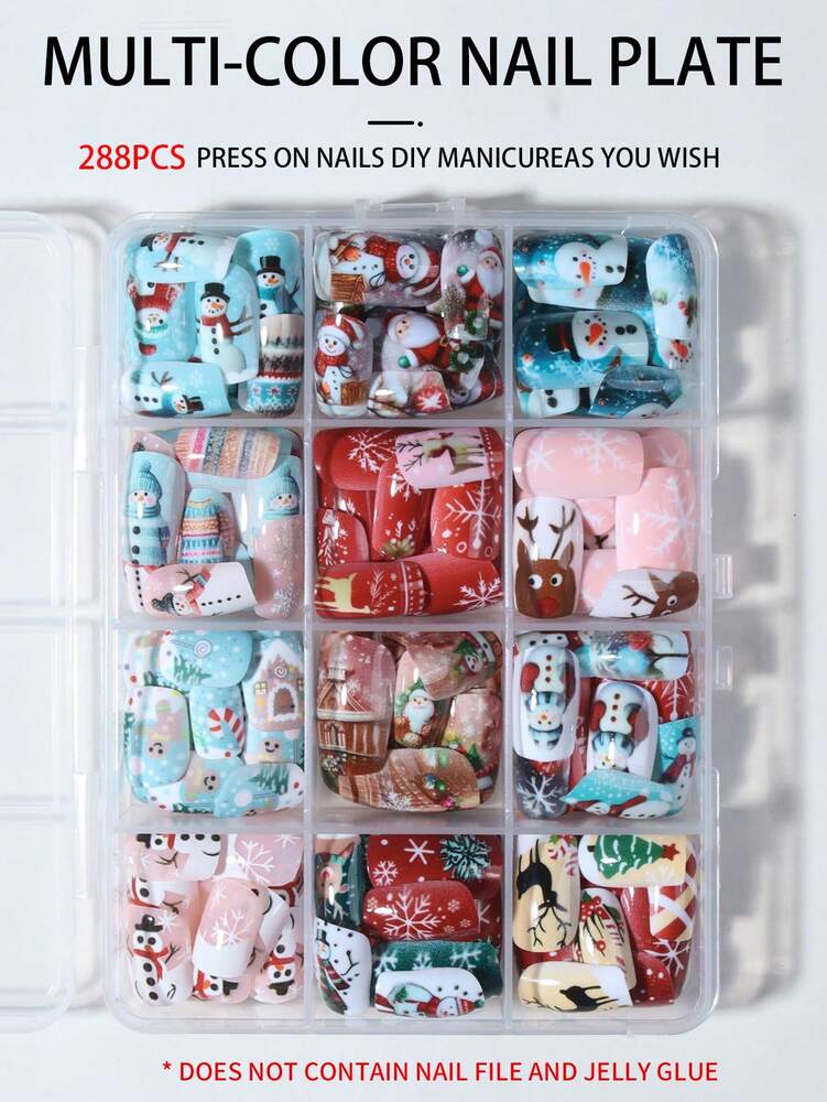 288pcs Short Square Christmas Press On Nails, Gingerbread Santa Snowflake Elk Design, Acrylic False Nails Large Set For Women Holiday Party
