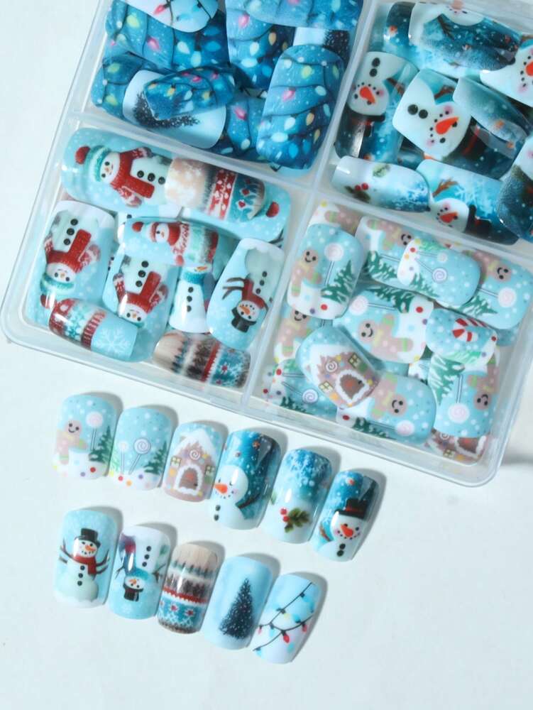 96pcs Short Square Christmas Press On Nails, Gingerbread Santa Snowman Snowflake Elk Design, Festive Acrylic Nail Set For Women Holiday Party