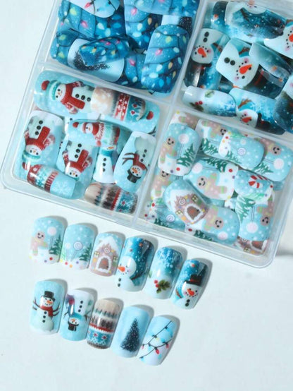 96pcs Short Square Christmas Press On Nails, Gingerbread Santa Snowman Snowflake Elk Design, Festive Acrylic Nail Set For Women Holiday Party