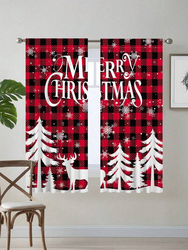 2-Piece Christmas Reindeer and Tree Blackout Curtain Set, Holiday Window Panels for Home Living Room or Bedroom Decor
