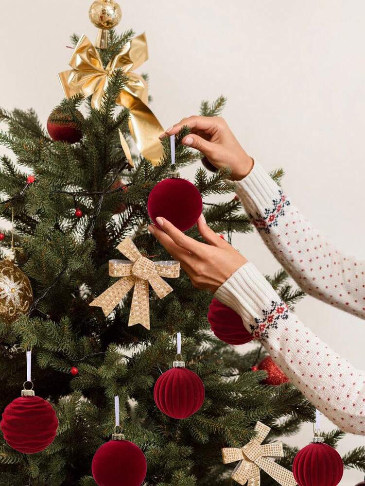 12pcs Burgundy Velvet Christmas Ball Set, Soft Flocked Pom Pom Ornaments, Luxurious Baubles for Holiday Trees, Gifts, and 2026 New Year Decorations