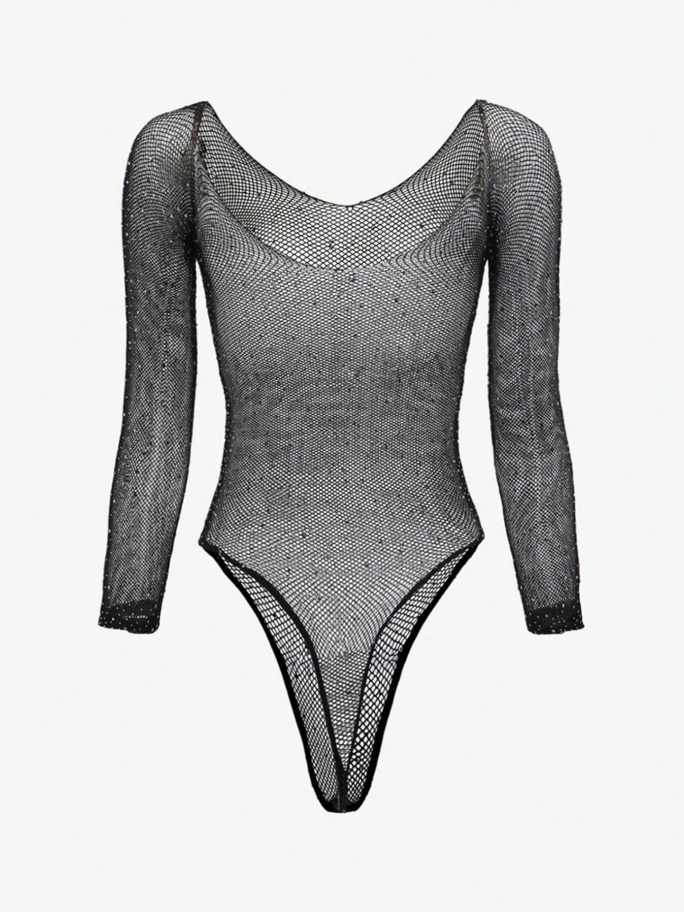 Rhinestone Studded Fishnet Teddy Bodysuit Lingerie