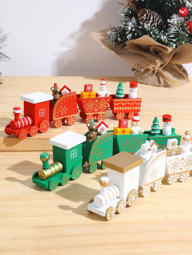 1pc/3pcs Wooden Christmas Train Ornament, Four-Section Tabletop Decoration for Windows, Gardens & Home Holiday Displays