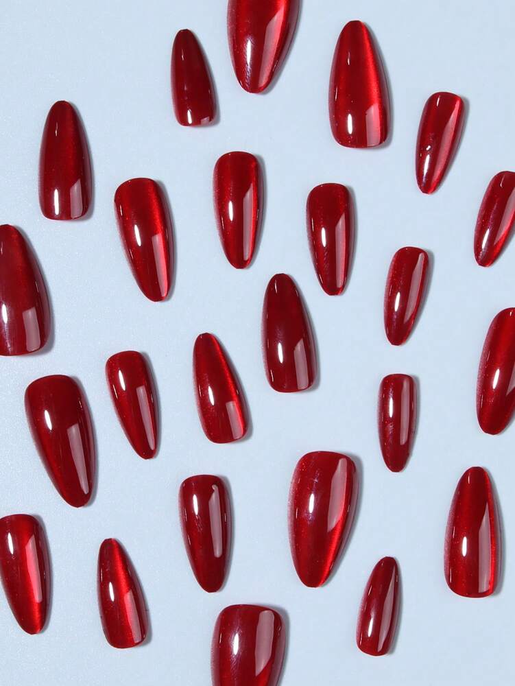 24pcs Long Almond Red Cat Eye Press On Nails, Y2K Crystal Glossy Acrylic False Nails With Glue & File, Perfect For Women Night Out Look