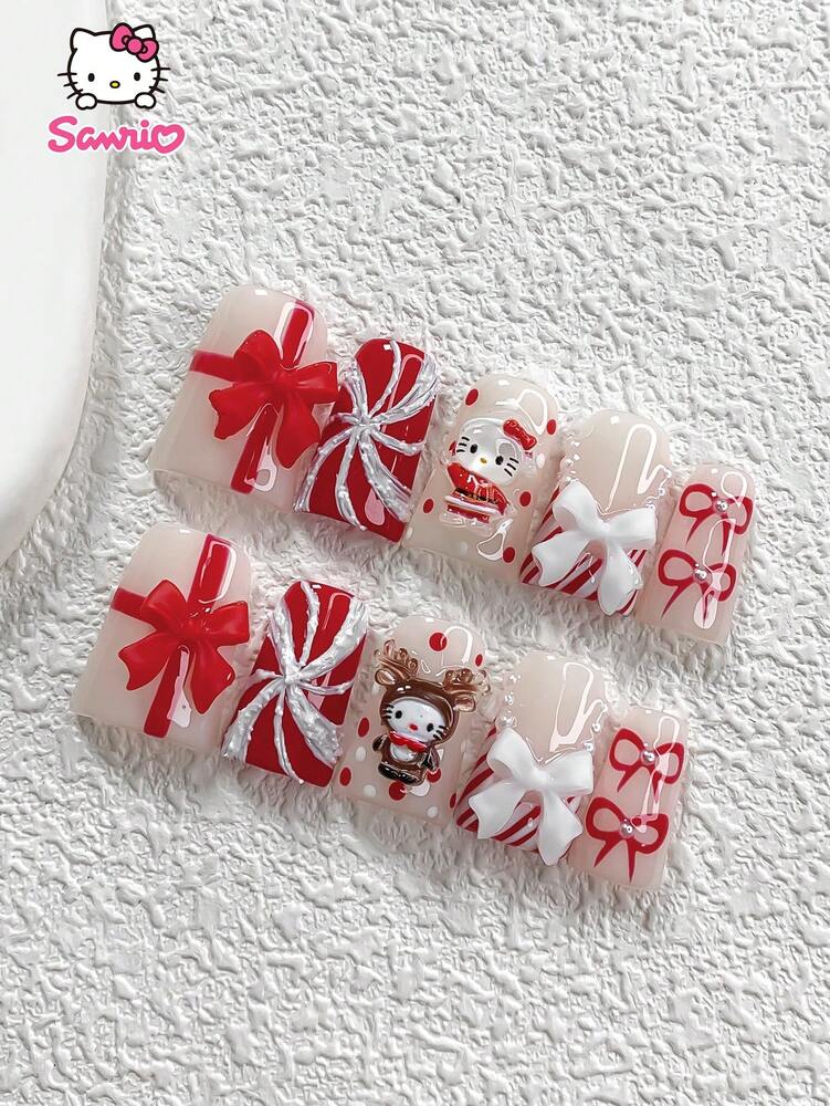 10pcs Sanrio Christmas Press-On Nails, 3D Hello Kitty Red Bow & Elk Charms, Handmade Pearl French Tips with Polka Dot Art, Holiday Nail Set for Women