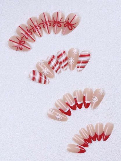 Christmas Long Almond Press On Nails 24pcs, Red French Tips With White Snowflakes And Santa Hat Design, Acrylic False Nails Set For Holiday Or Party