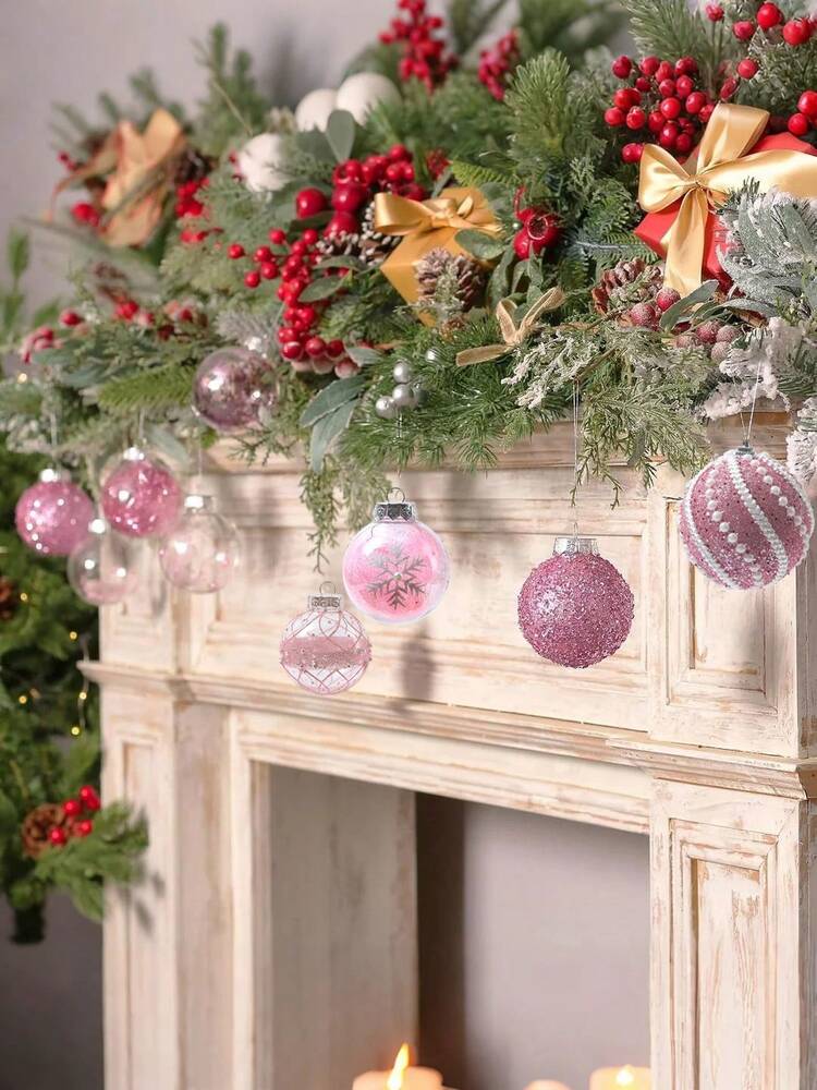 12pcs Clear Pink Christmas Ball Ornaments, 3.15-Inch Shatterproof Decorative Tree Baubles, Elegant Rustic Hanging Decorations for Holiday Parties