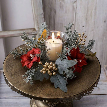 Christmas Candle Ring Holder with Red Flowers, Gold Berries & Greenery, Holiday Table Centerpiece