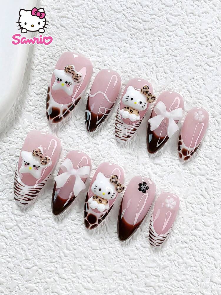 10pcs Sanrio Long Coffin Press On Nails, Brown Hello Kitty With Bow And Zebra Print, Glossy French Acrylic Nail Set For Women Party Wear