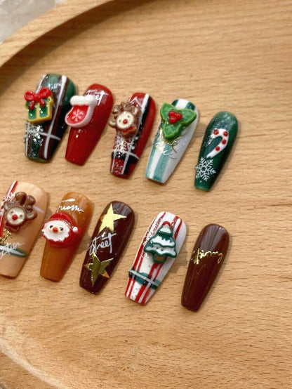 10pcs Long Coffin Christmas Press On Nails, Red And Green Design With Glitter Snowflake Charms, Acrylic Nail Set For Women Holiday Party Gift