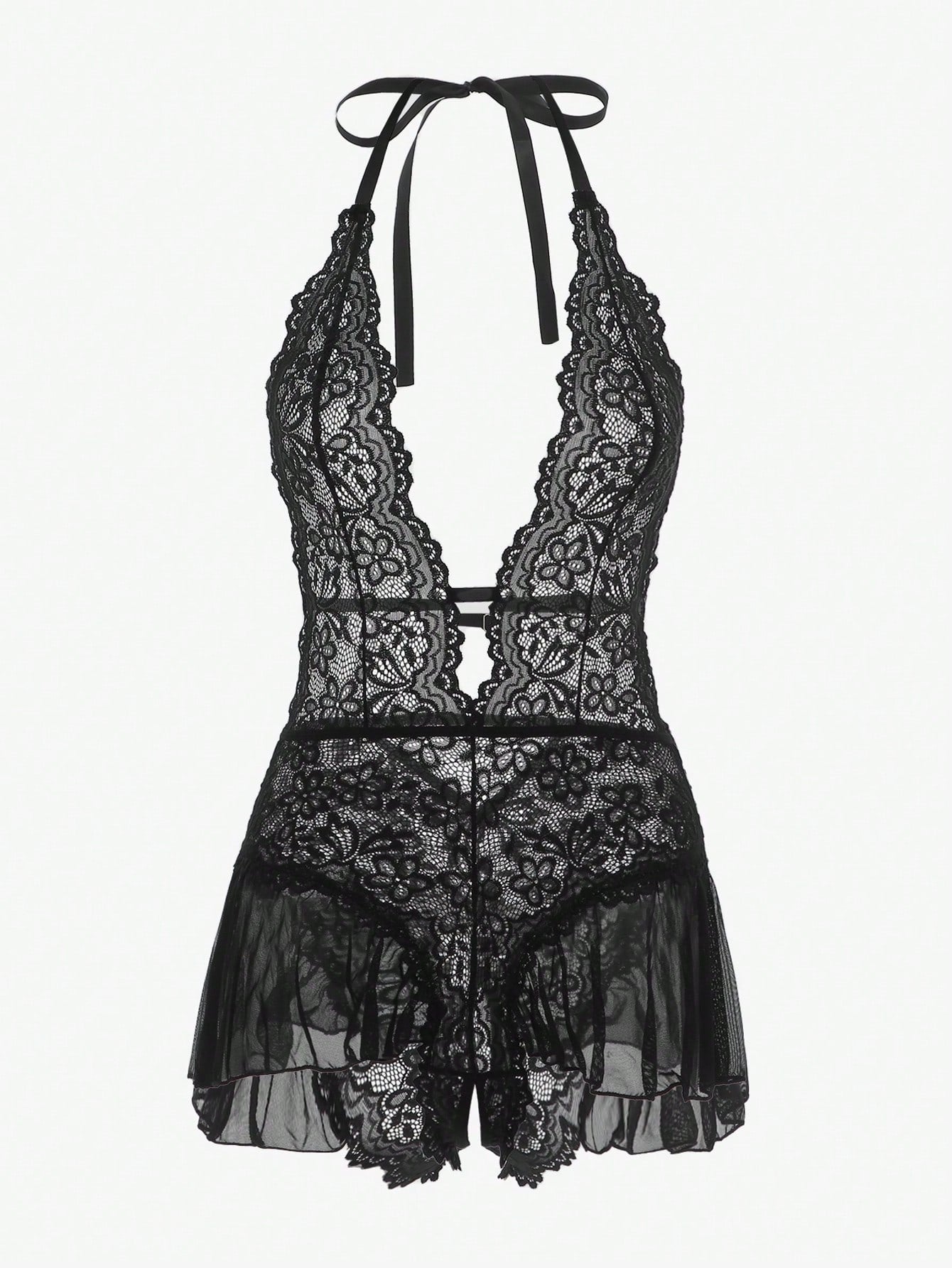 Floral Lace Scallop Trim Halter Teddy Bodysuit Lingerie