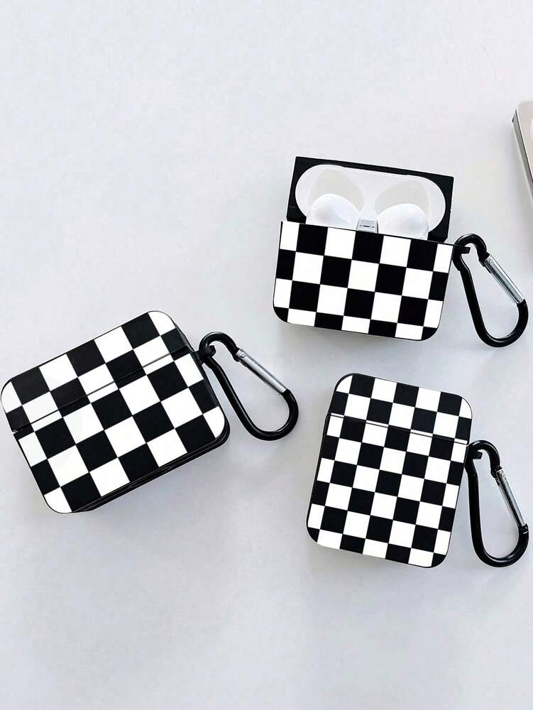 Checkerboard AirPods Case, Black Retro Check Cover with Metal Hook, Compatible with AirPods 1/2/3/Pro/Pro 2, Protective Stylish Design