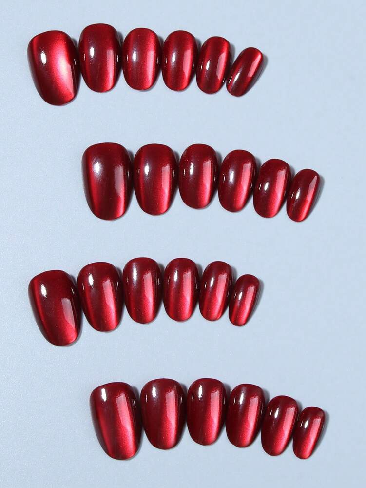 24pcs Short Oval Red Cat Eye Press On Nails, Y2K Blood-Red Glossy Acrylic Nail Set With Jelly Glue & File For Women Daily Or Study Wear