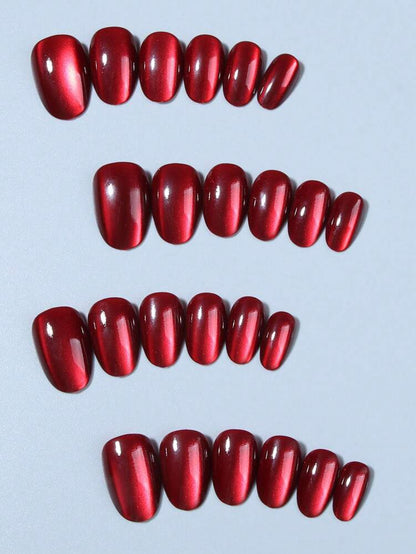24pcs Short Oval Red Cat Eye Press On Nails, Y2K Blood-Red Glossy Acrylic Nail Set With Jelly Glue & File For Women Daily Or Study Wear