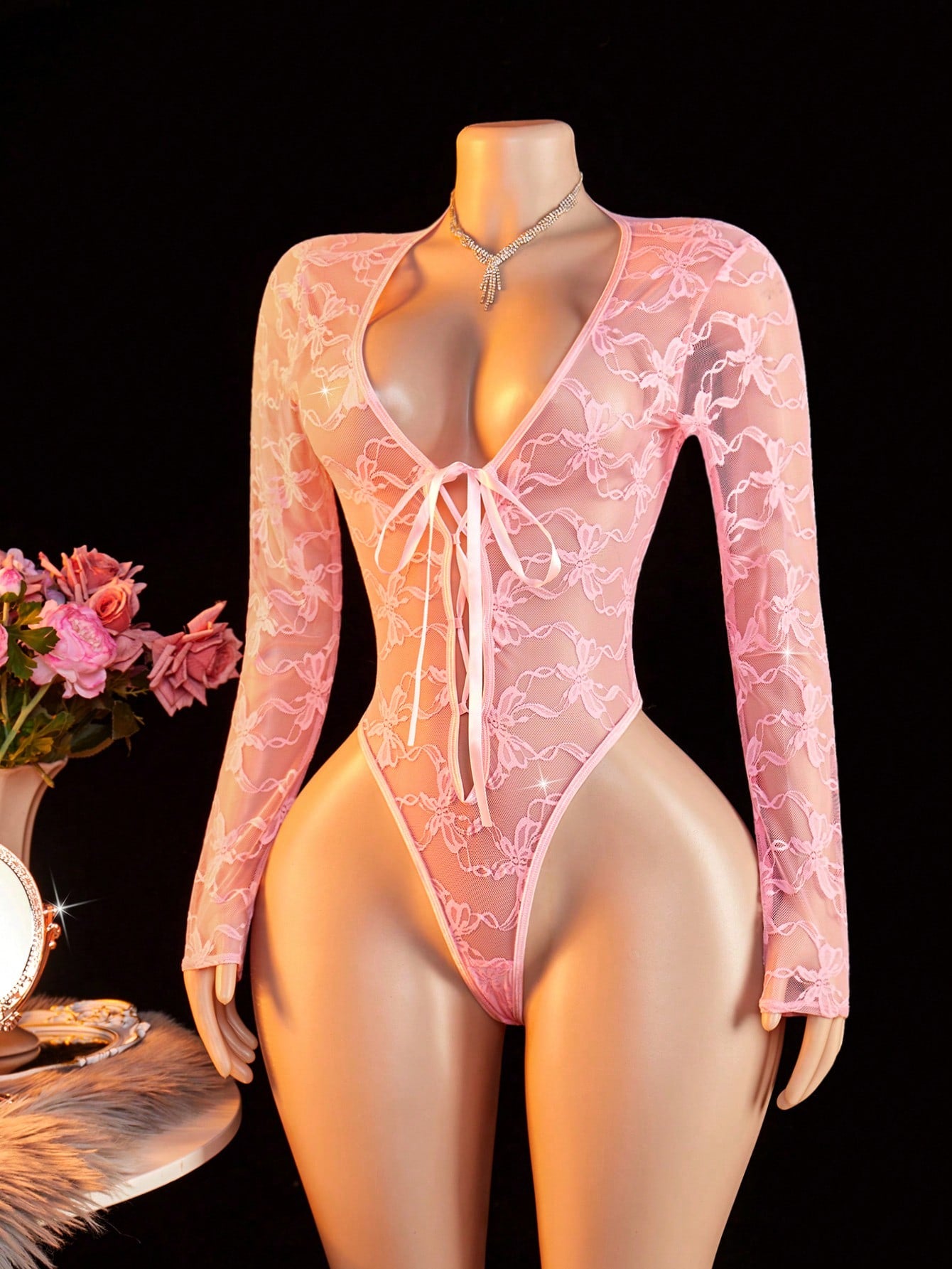 Long Sleeve Floral Print Front-Tie Low Neck Mesh Bodysuit Jumpsuit