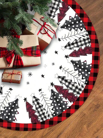 Red & Black Plaid Christmas Tree Skirt, Snowflake Pattern Round Tree Mat, Soft Decorative Base Cover for Living Room & Winter Holiday Home Decor
