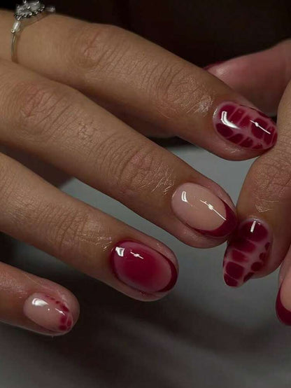 24pcs Short Oval Press On Nails, Wine Red Leopard Print French Tips With Blush Design, Sweet And Cool Style Acrylic Nails For Women Daily Wear