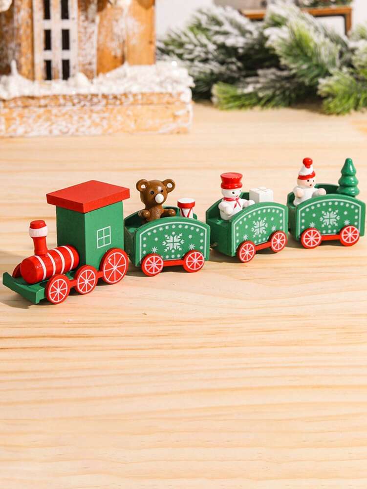 Christmas Wooden Train Ornament, Four-Section Holiday Decoration for Table, Fireplace & Garden Christmas Home or Office Decor