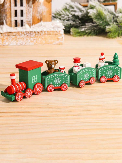Christmas Wooden Train Ornament, Four-Section Holiday Decoration for Table, Fireplace & Garden Christmas Home or Office Decor