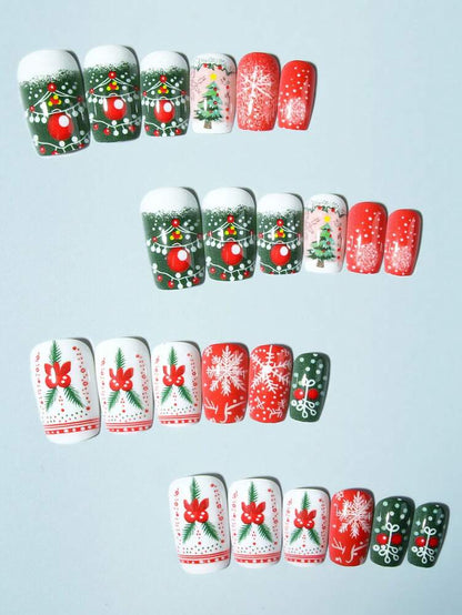 24pcs Short Square Christmas Press On Nails, Snowman Tree Elk French Tips, Acrylic False Nail Set With Glue & File For Holiday Daily Wear