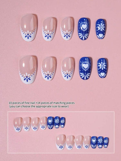24pcs Short Oval Press On Nails, Nude French Tips With Heart And Flower Design, Full Cover Acrylic Nails For Women With Jelly Glue & File