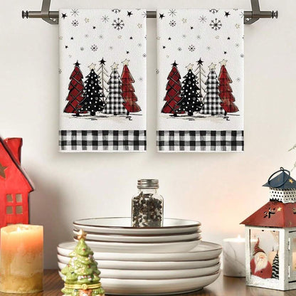 2pcs Buffalo Plaid Christmas Kitchen Towels, Santa & Tree Themed Cotton Dish Towels for Seasonal Cooking, Baking & Holiday Home Decor