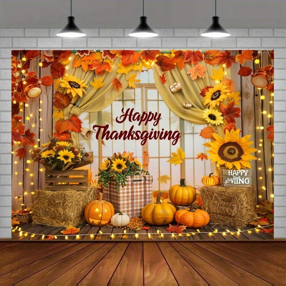Thanksgiving Polyester Banner Backdrop, Pumpkin and Sunflower Harvest Theme, Non-Electric Autumn Decoration for Wall, Party, or Photo Booth Display