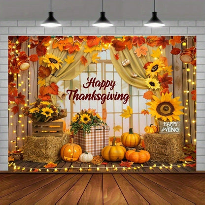 Thanksgiving Polyester Banner Backdrop, Pumpkin and Sunflower Harvest Theme, Non-Electric Autumn Decoration for Wall, Party, or Photo Booth Display