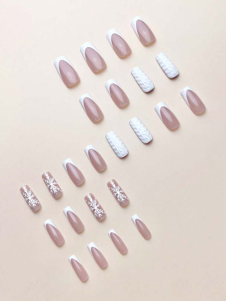 24pcs Christmas White French Press On Nails, Sweater Texture And Snowflake Design, Medium Length Holiday Nail Set With Jelly Gel & File