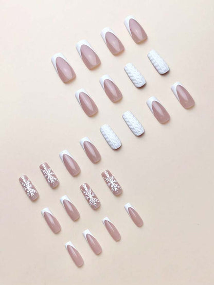 24pcs Christmas White French Press On Nails, Sweater Texture And Snowflake Design, Medium Length Holiday Nail Set With Jelly Gel & File