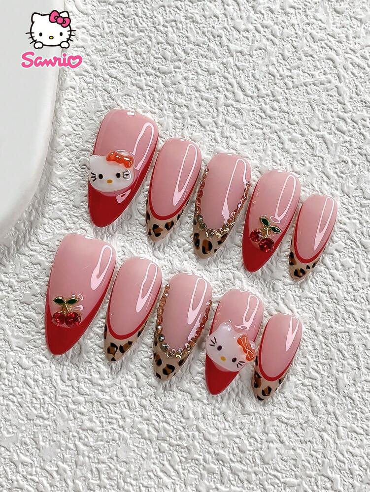 10pcs Sanrio Fall Press On Nails, 3D Hello Kitty Red French With Leopard Pattern And Rhinestone Cherry Charms, Handmade Cute Nail Set