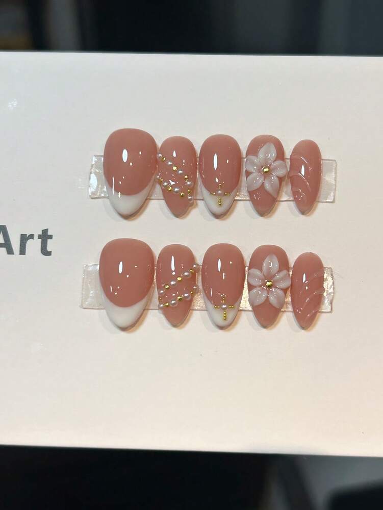 10pcs Short Almond French Press On Nails, 3D Floral Embossed Design With Gold Beads And Pearls, Elegant Nude Nail Set For Women Daily Wear