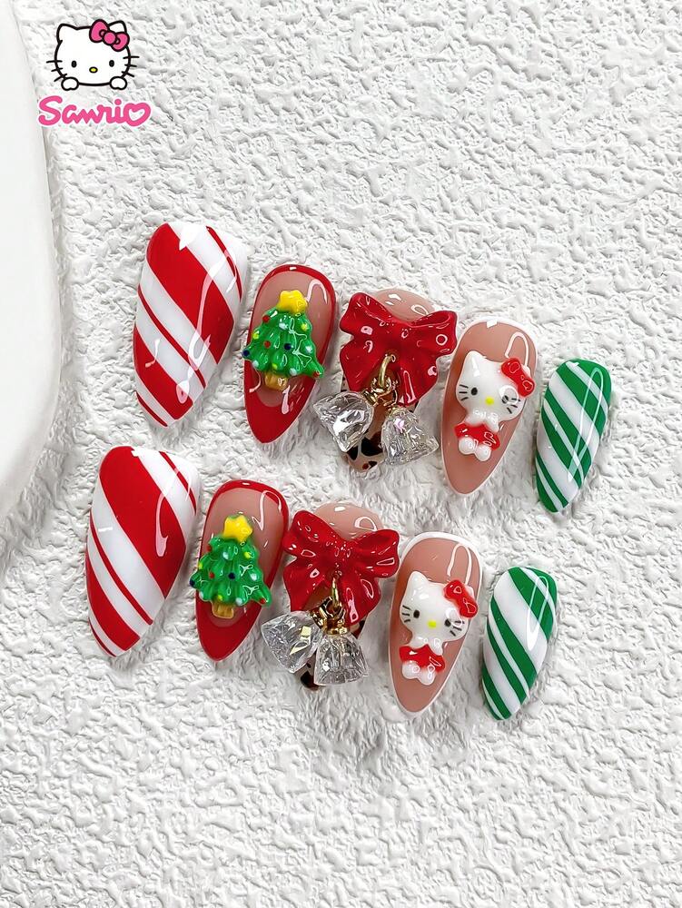 10pcs Christmas Bells Press On Nails, 3D Cute Kitty Design With Leopard Print And Tree Charms, Red And Green Glossy French Tips For Holiday Party Wear