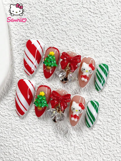 10pcs Christmas Bells Press On Nails, 3D Cute Kitty Design With Leopard Print And Tree Charms, Red And Green Glossy French Tips For Holiday Party Wear