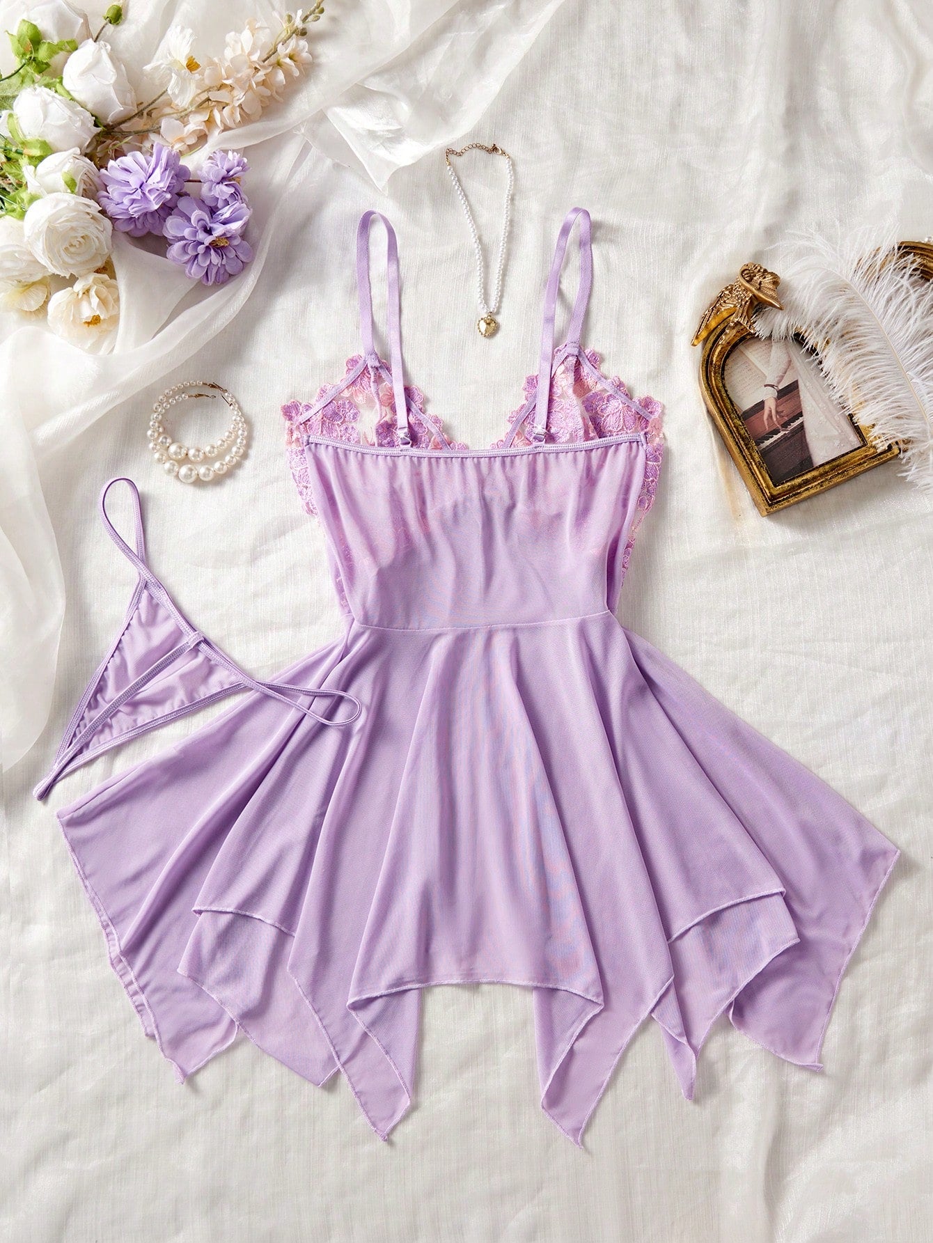 Unlock The Mysterious Light Purple Embroidered Sheer Nightgown, Gently Wrapping The Charming Figure, Sexy Asymmetric/Asymmetrical Sheer Thong, Going Out