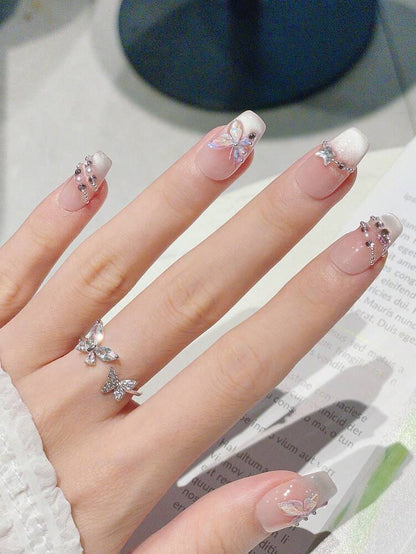 10pcs Short Trapezoid Press On Nails, Pink Glitter Butterfly Rhinestone Design, Light Luxury Romantic Handmade Nail Set For Daily Use