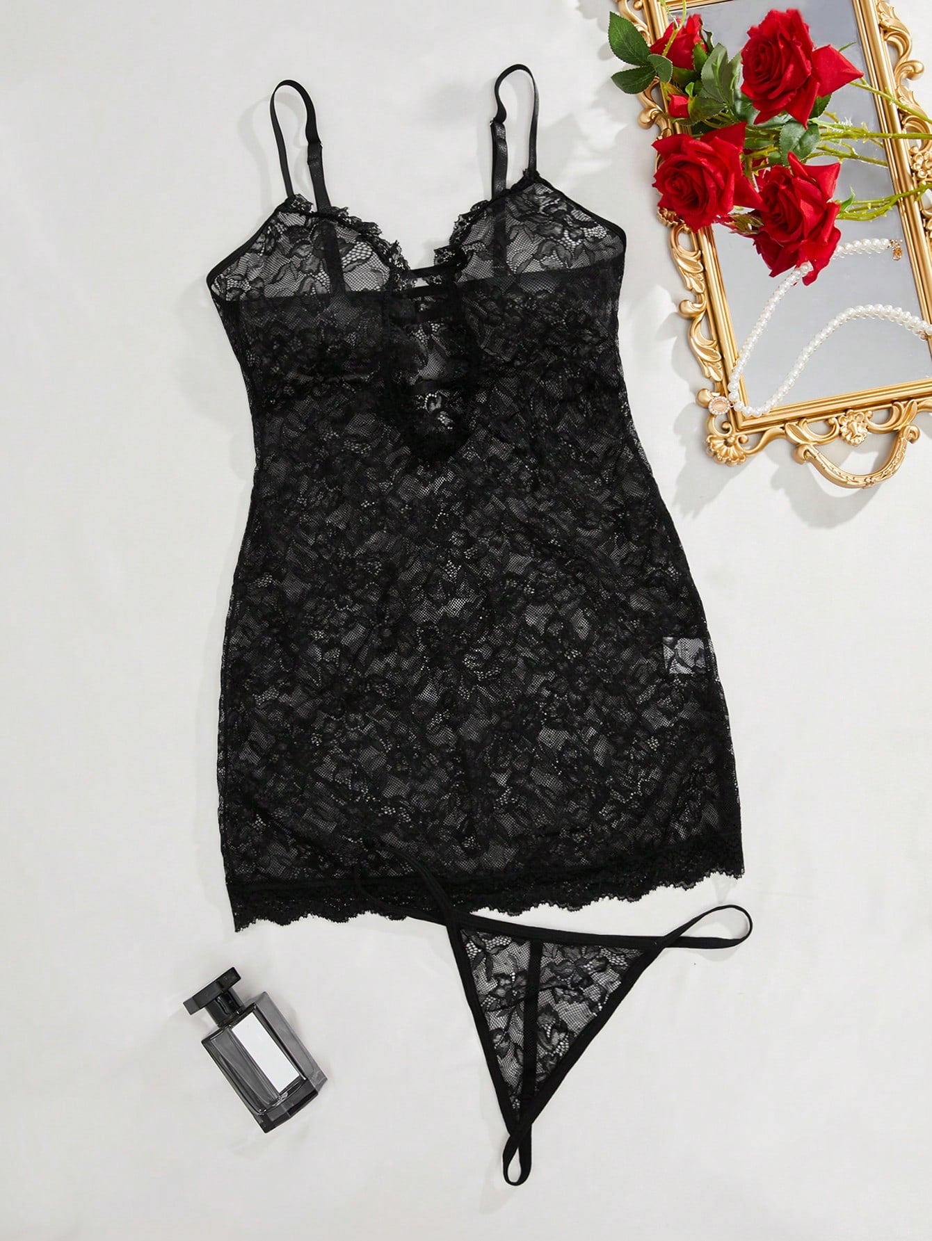 Cutout Detail Lace Slip Dress and Thong Sexy Lingerie Set