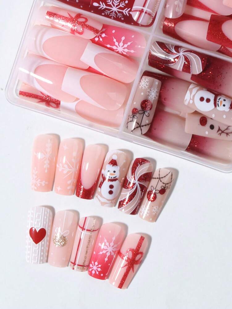96pcs Long Square Christmas Press On Nails, Snowman Gingerbread Candy Cane Tree Star Design, Acrylic False Nail Set For Women Holiday Party Wear