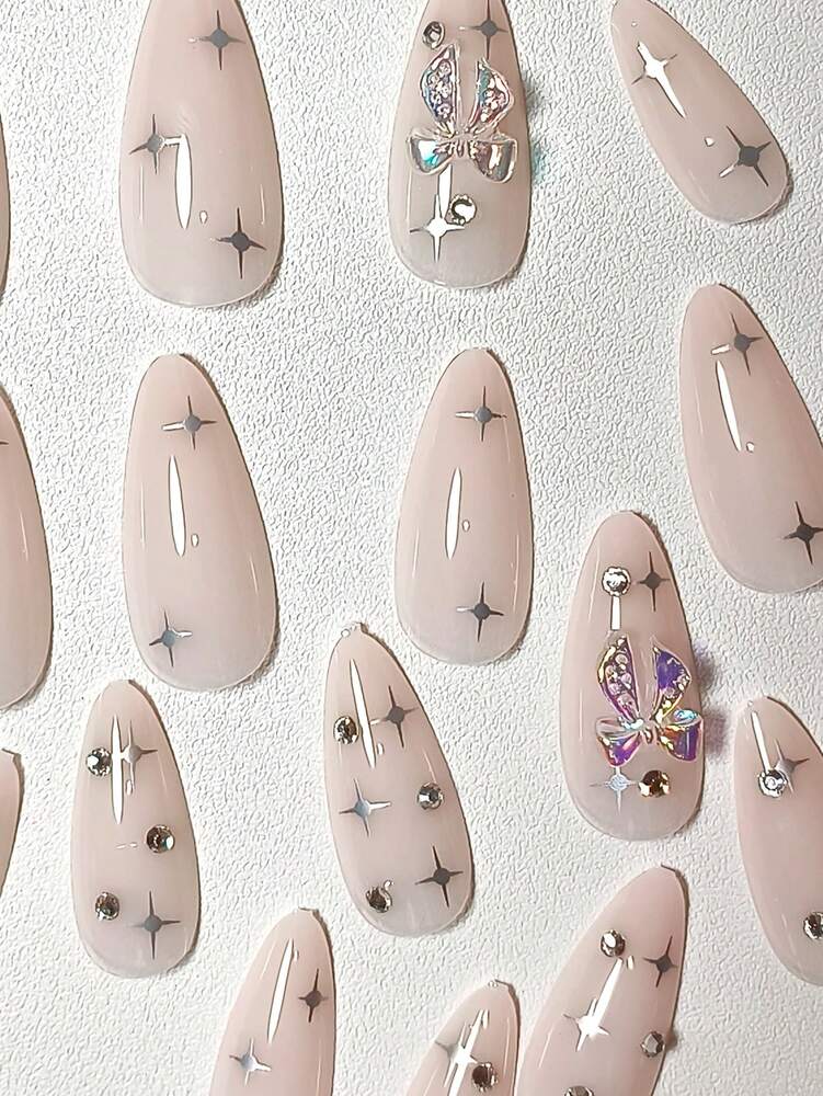 24pcs Long Almond Press On Nails, French Tips With Bow And Star Decor, Elegant Full Cover Acrylic Nails With Tape & File For Women Girls