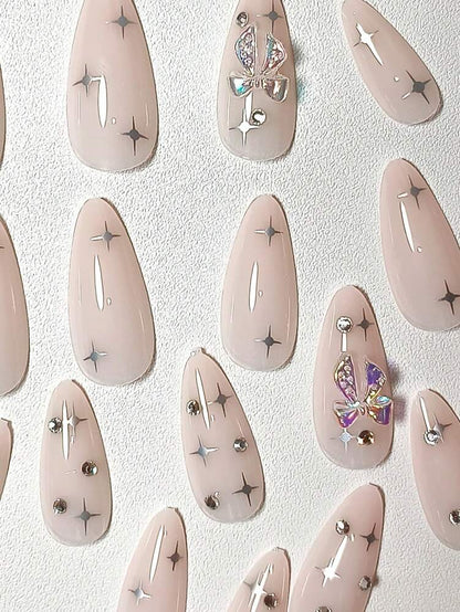 24pcs Long Almond Press On Nails, French Tips With Bow And Star Decor, Elegant Full Cover Acrylic Nails With Tape & File For Women Girls