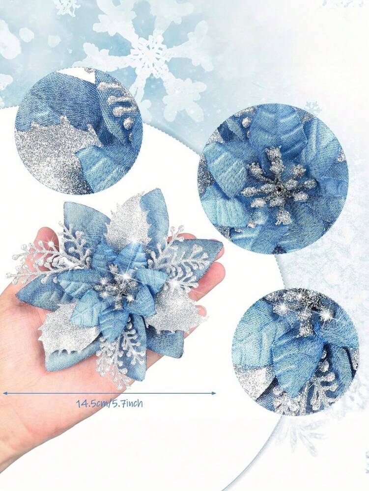 10pcs Blue Poinsettia Christmas Tree Flowers, 5.7" Artificial Holiday Ornaments, Reusable Feather-Free Floral Decorations for Xmas Trees & Home Décor