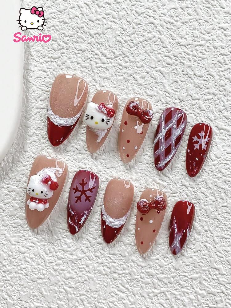 10pcs Sanrio Christmas Press-On Nails, 3D Hello Kitty Cat Eye Red Bow Design, Handmade Snow Polka Dot French Tips, Cute Holiday Nail Set for Parties