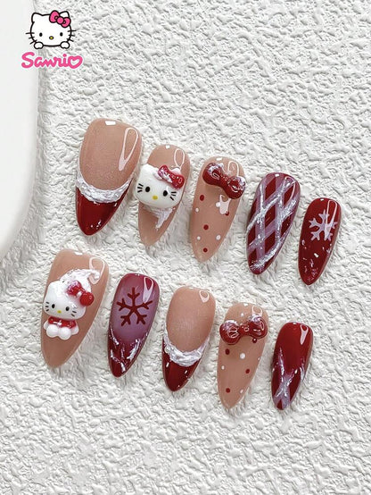 10pcs Sanrio Christmas Press-On Nails, 3D Hello Kitty Cat Eye Red Bow Design, Handmade Snow Polka Dot French Tips, Cute Holiday Nail Set for Parties