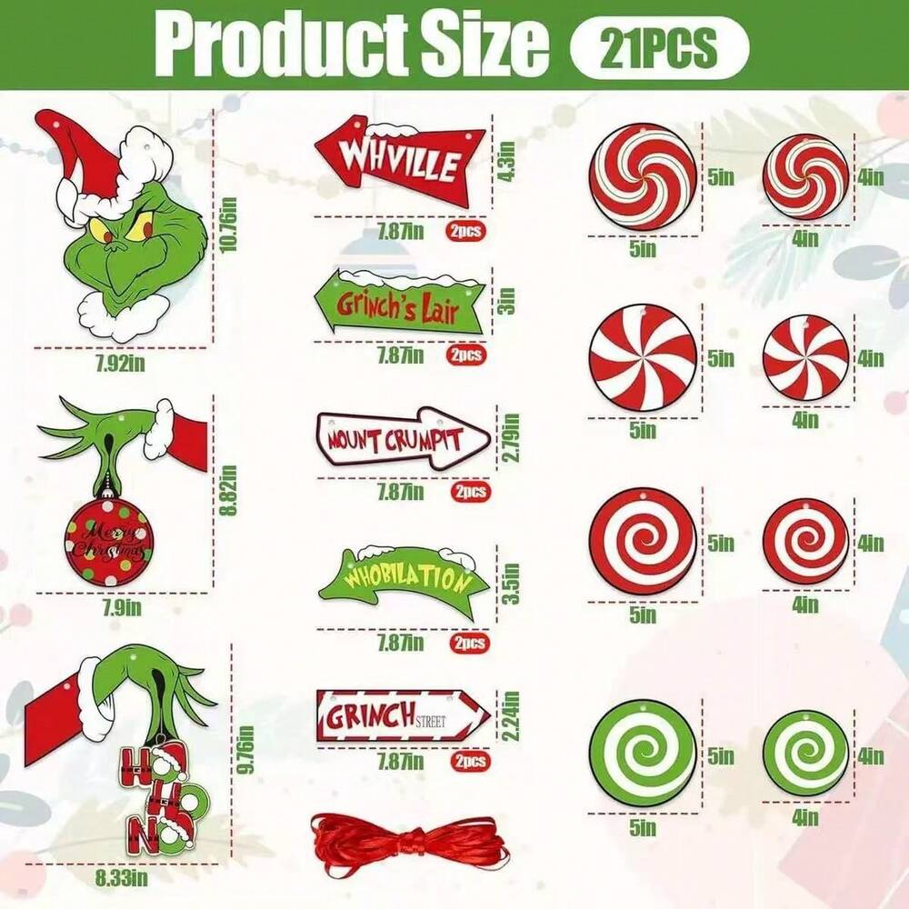21pcs Grinch Green Paper Hanging Christmas Ornaments, Fun Tree and Room Decorations, Party Supplies for New Year and Festive Holiday Atmosphere