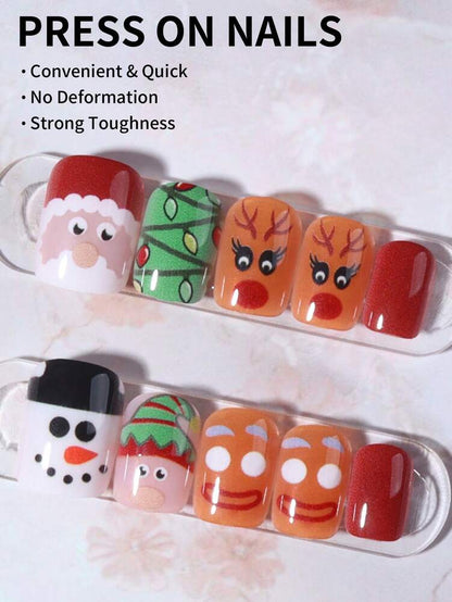 24pcs Christmas Press-On Nails, Short Square Snowman Design with Glitter French Tips, Acrylic False Nail Set with Jelly Glue & File for Holiday Wear