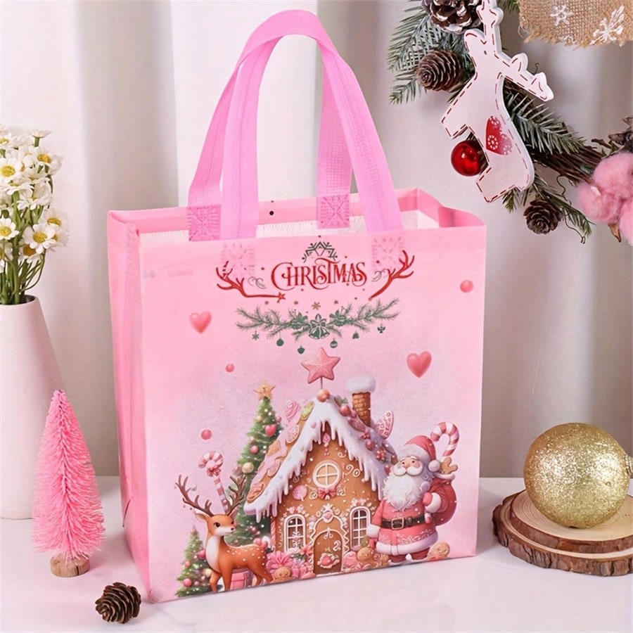 8pcs Pink Christmas Tote Bags with Handles, Reusable Non-Woven Gift Bags with Santa, Elk & Bell Prints for Holiday Packaging & Festive Decor